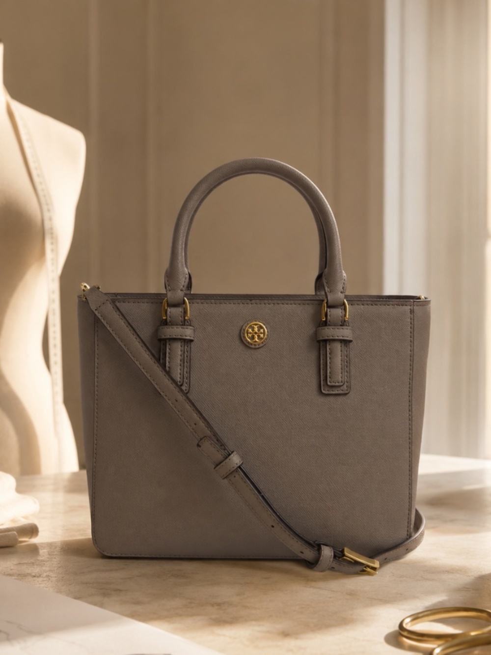 Tory Burch Robinson French Gray Saffiano Leather Mini Square Tote/Crossbody Bag